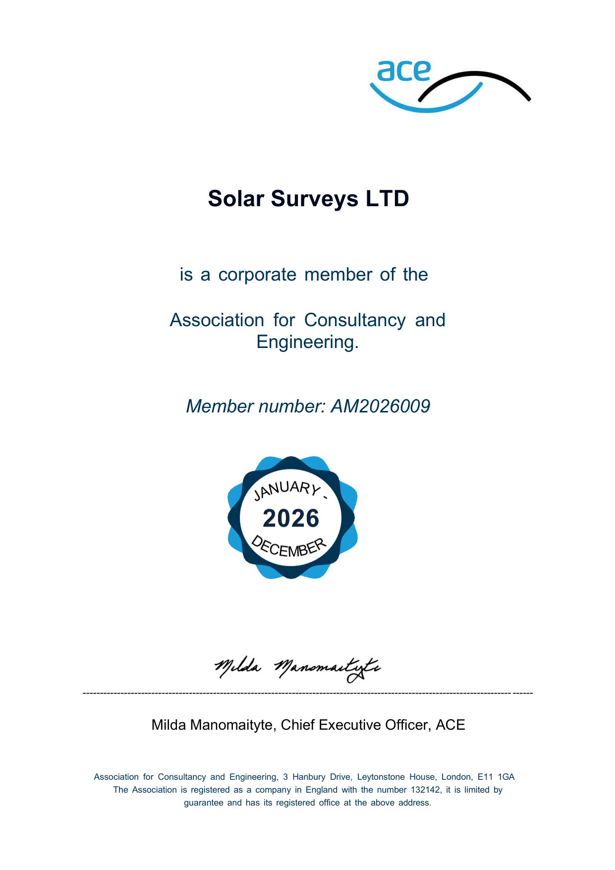 Solar Surveys Ltd 2026 corporate member certificate, Association for Consultancy and Engineering, member number AM2026009