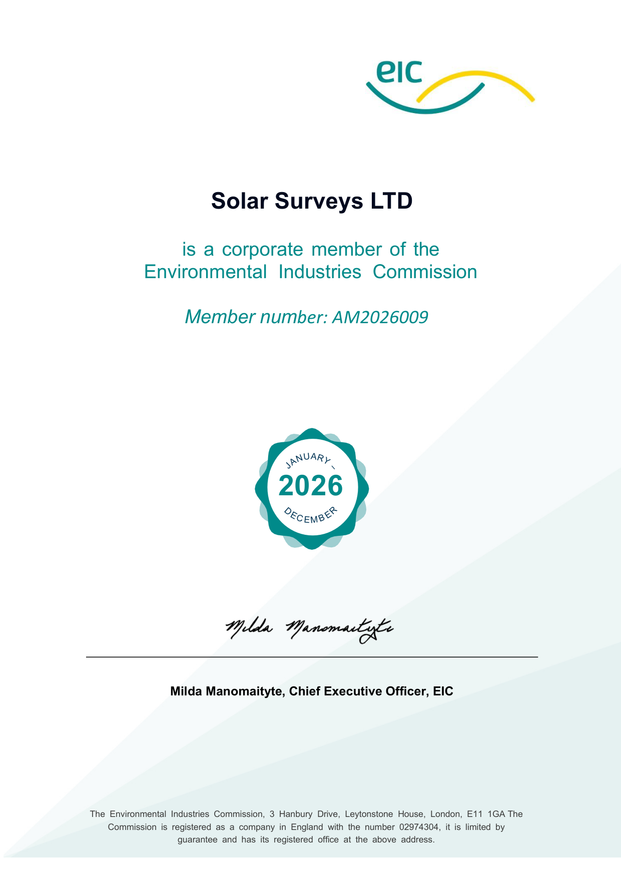 Solar Surveys Ltd 2026 corporate member certificate, Environmental Industries Commission, member number AM2026009