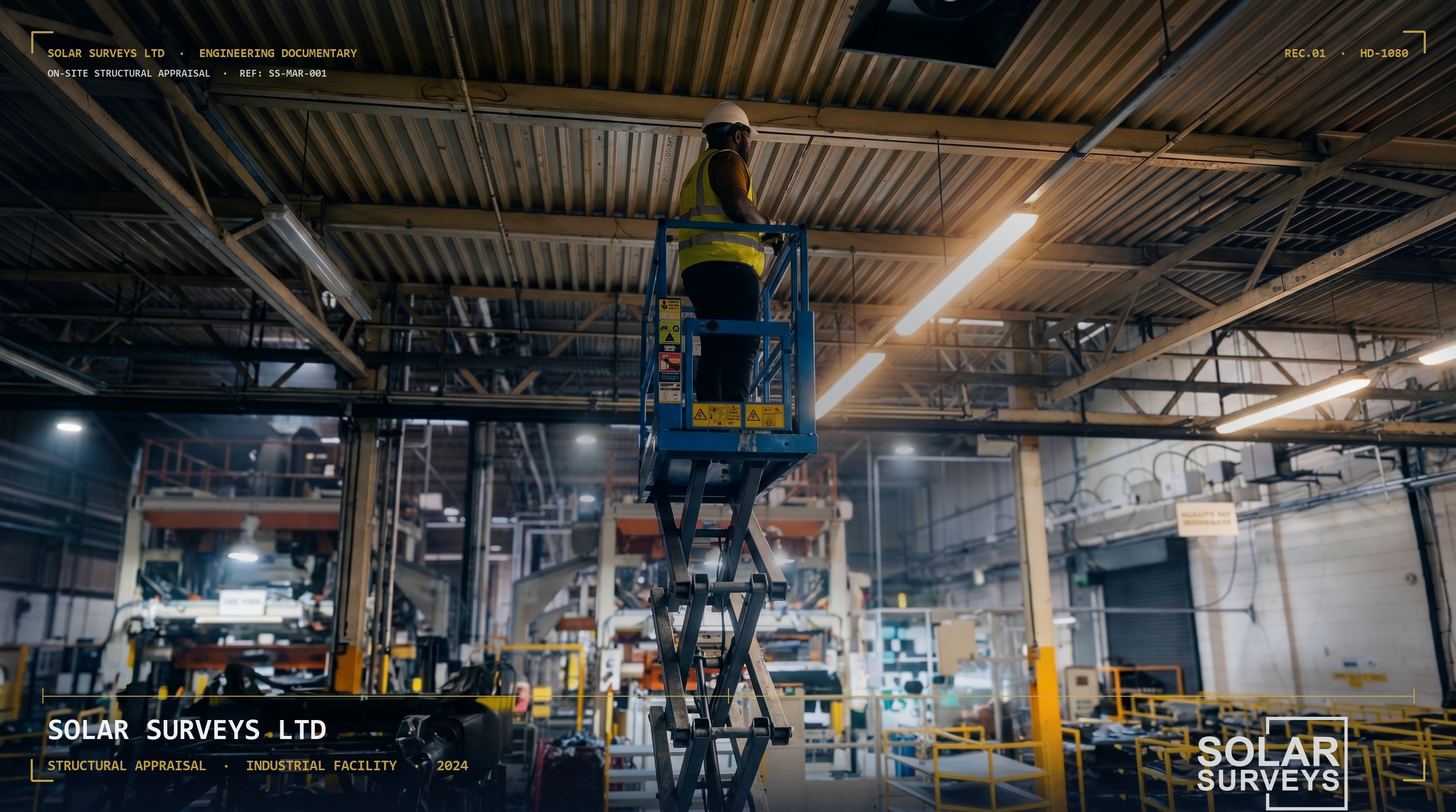 Solar Surveys structural engineer conducting on-site appraisal at an industrial manufacturing facility: MEWP-mounted high-level inspection of overhead structural elements, ducting and roof connections, captured during real engineering documentary work