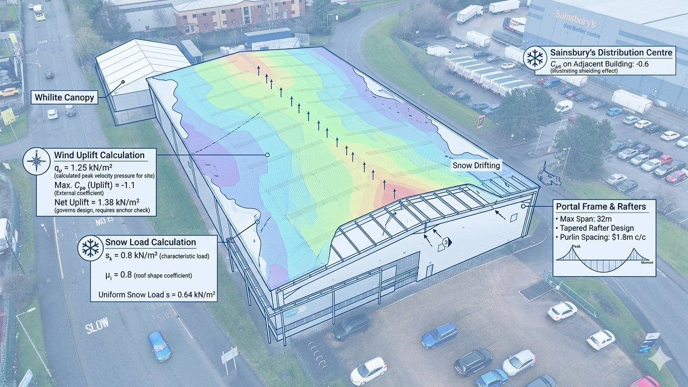Long-span roof structural overlay Solar Surveys engineers reference under BRE Digest 489 for solar PV wind-uplift assessment.