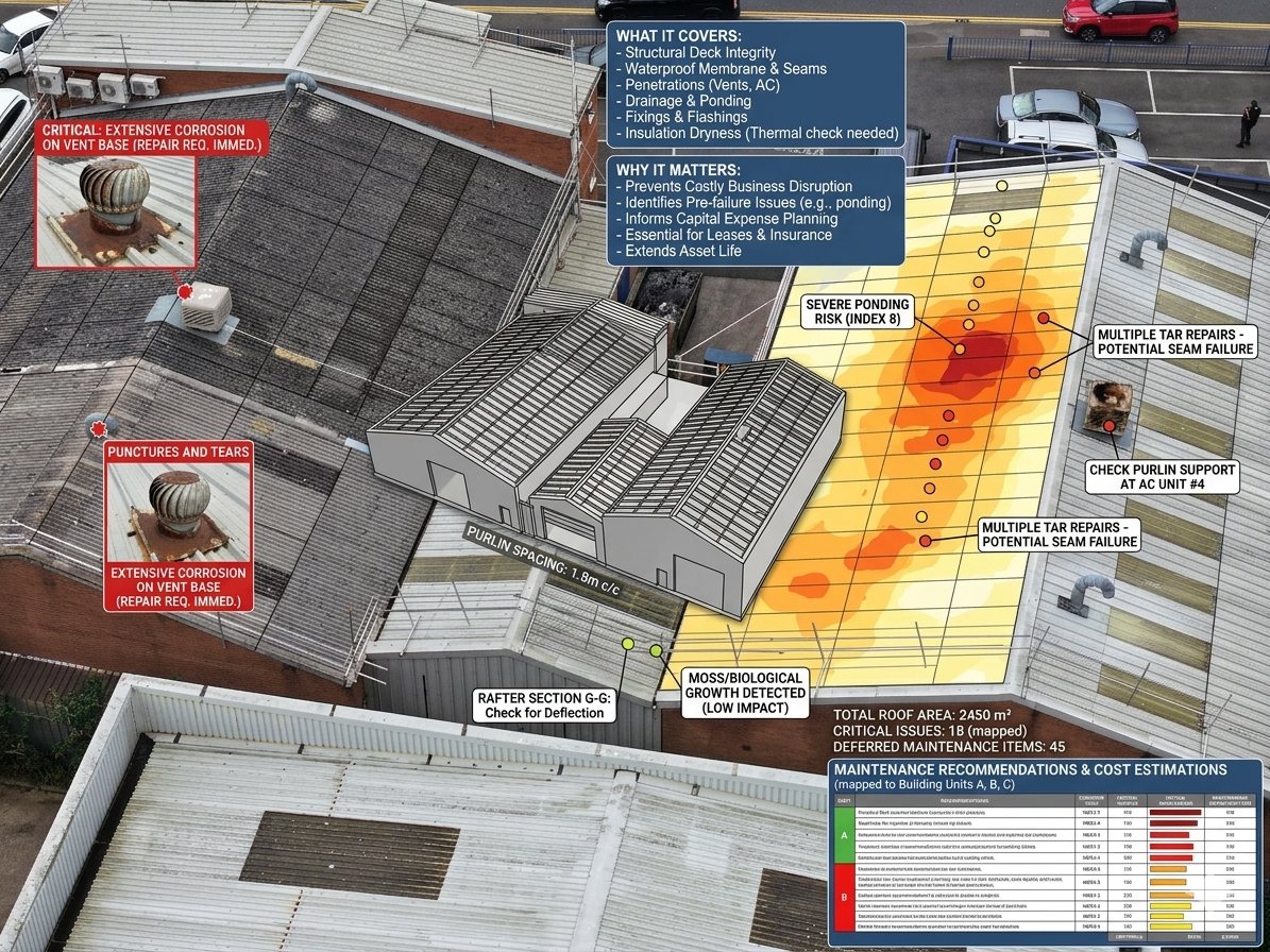 Annotated commercial roof showing the defect categories that affect solar PV viability identified during Solar Surveys drone condition surveys.