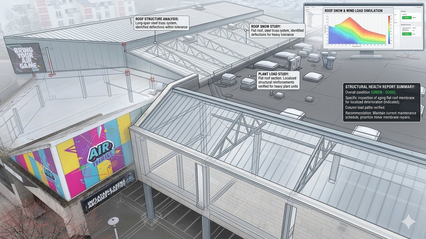 Long-span warehouse roof annotated by Solar Surveys engineers illustrating drone technical survey outputs for commercial solar PV.
