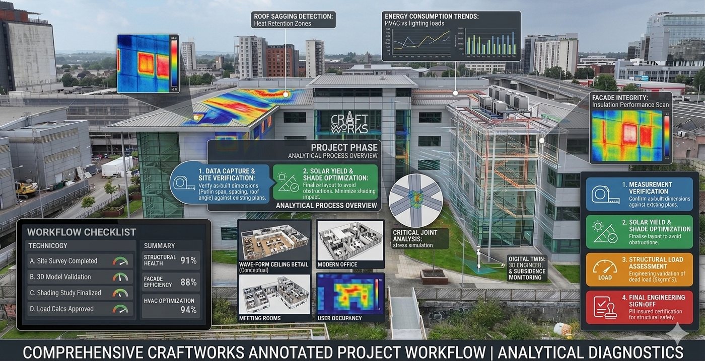 Commercial building montage illustrating roof fixing system implications for solar PV structural assessment.