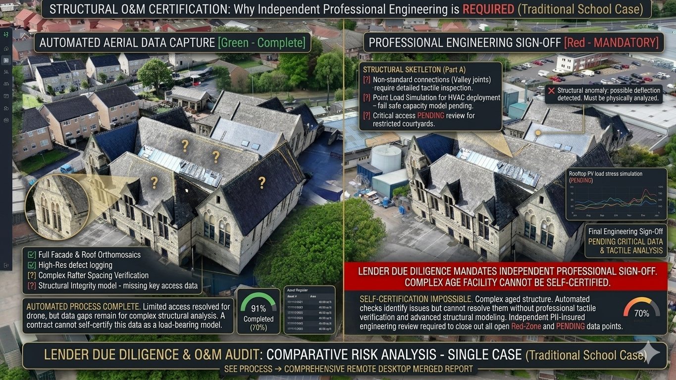 Commercial building schematic showing how Solar Surveys Desktop Structural Reports satisfy MIS 3002 Section 5.9 compliance.