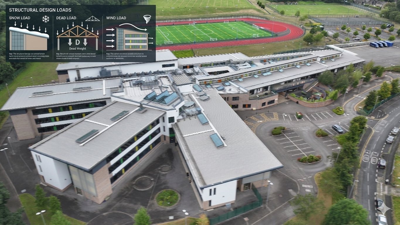 Aerial of multi-building educational estate cleared by Solar Surveys for portfolio-wide structural verification and solar PV feasibility