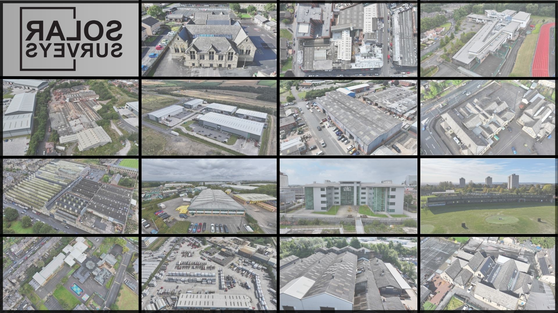 Aerial survey mosaic of a mixed commercial estate: schools, industrial units, mills, offices and depots assessed for rooftop solar