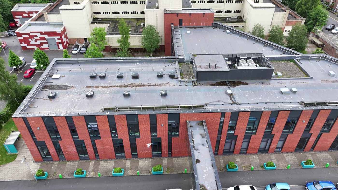 Aerial of multi-unit logistics facility surveyed by Solar Surveys for Eurocode-verified structural appraisal and condition audit