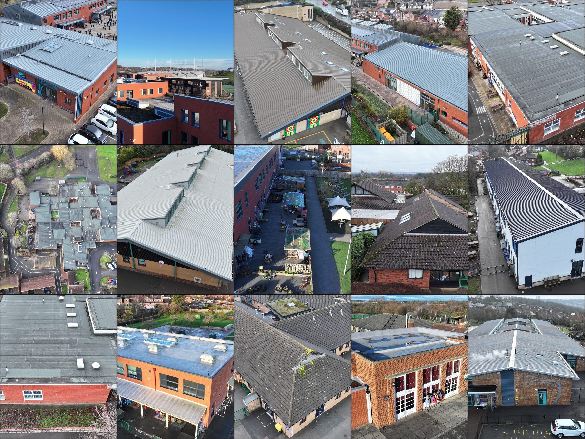 20+ schools assessed under coordinated programme: 15-tile aerial montage of school building roofs surveyed