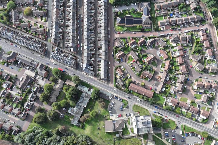 Overhead drone view of terraced streets and back lanes