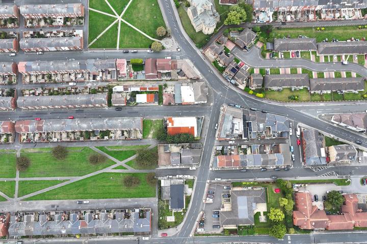 Overhead drone view of a grid of colliery-era terraced streets