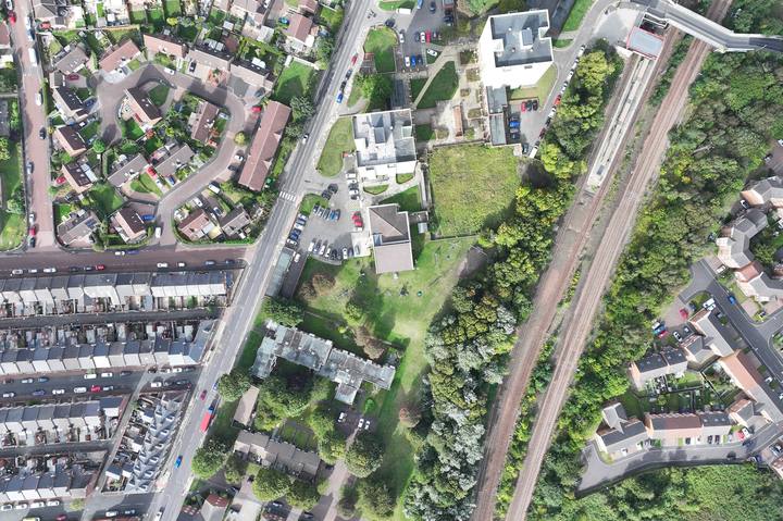 Drone view of mixed terraced and post-war housing