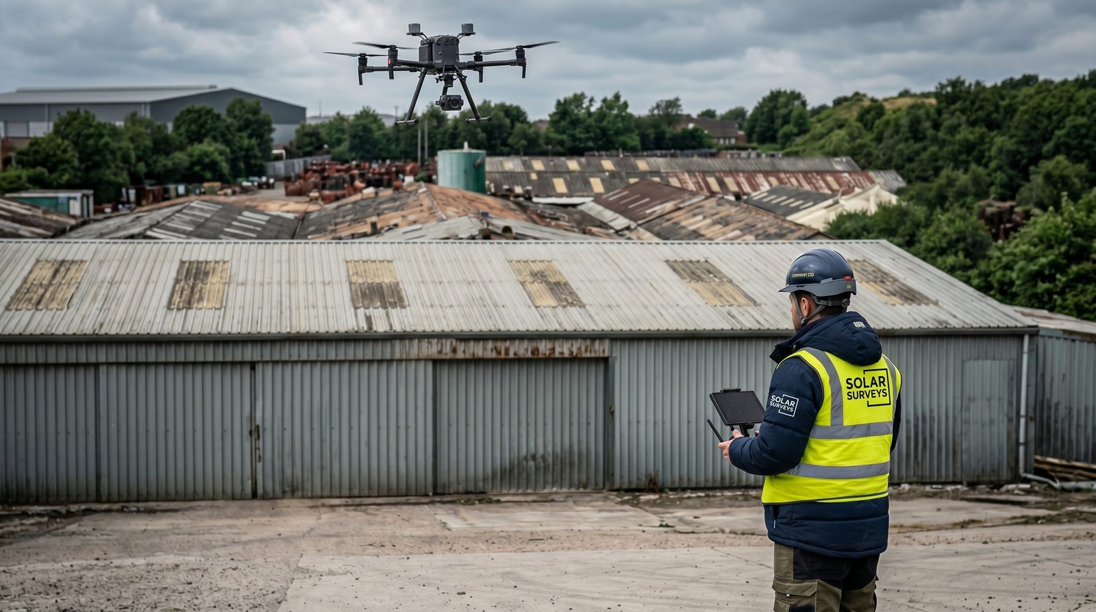 Solar Surveys structural engineer piloting drone during commercial rooftop condition assessment: BDF and BMFA accredited pilot operating UAS over industrial roof