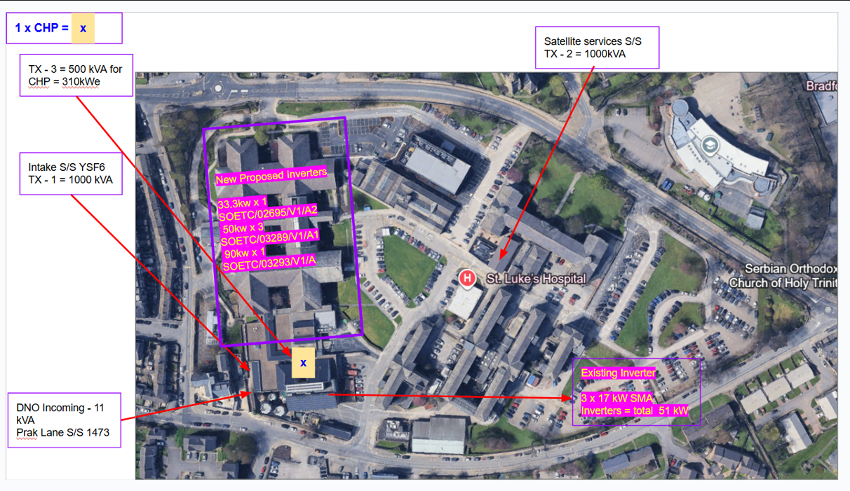 Aerial site plan with annotated existing transformers, substation and 11kV connection points for commercial solar PV electrical infrastructure assessment