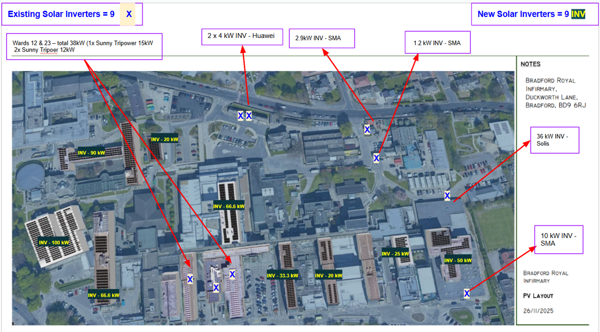 Aerial site plan annotated with existing and new proposed solar inverters showing G99 connection points