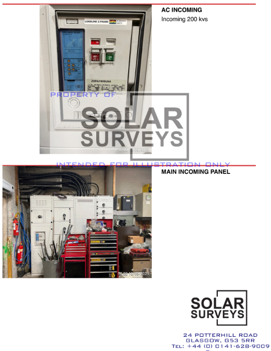 On-site photograph of AC incoming switchgear and main incoming panel for commercial solar PV electrical assessment, captured during Solar Surveys site survey