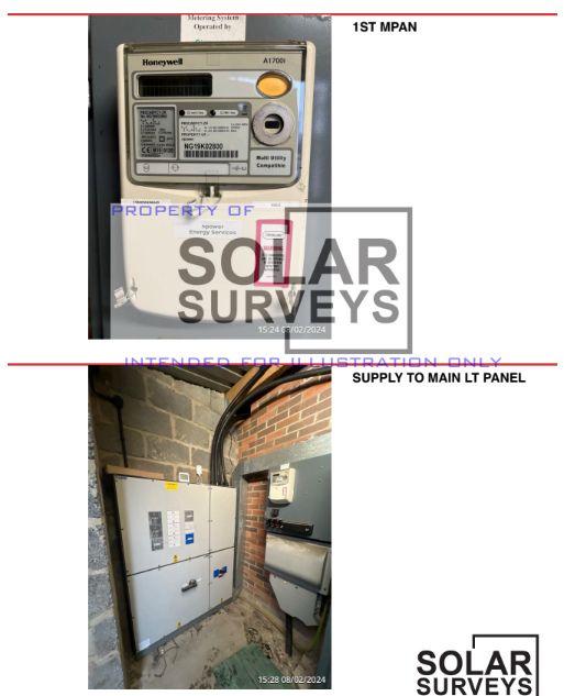 On-site photograph of UK commercial MPAN meter alongside main LT panel showing electrical infrastructure for solar PV connection