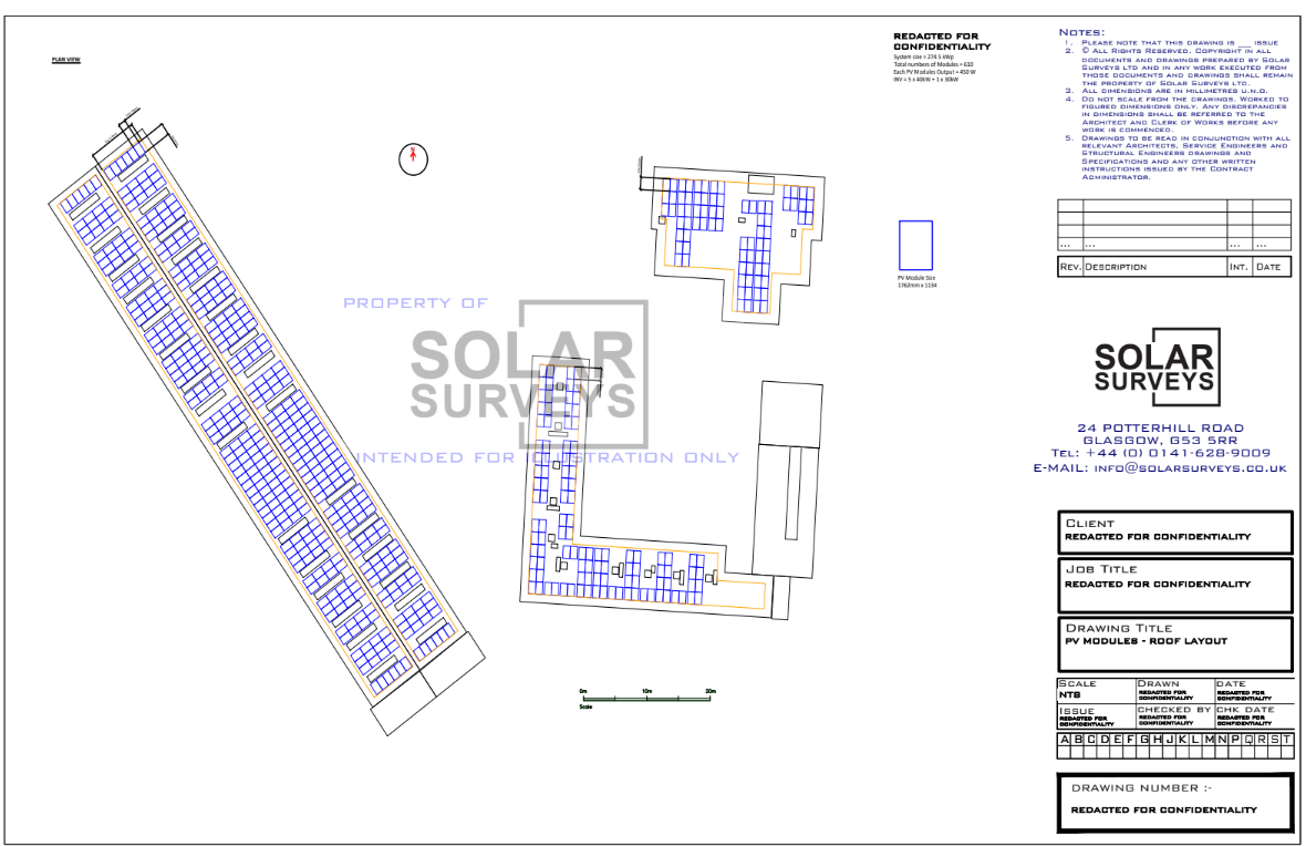 Anonymised CAD PV array layout showing 1 metre edge setback compliance under GPDO Schedule 2 Part 14 Class A permitted development