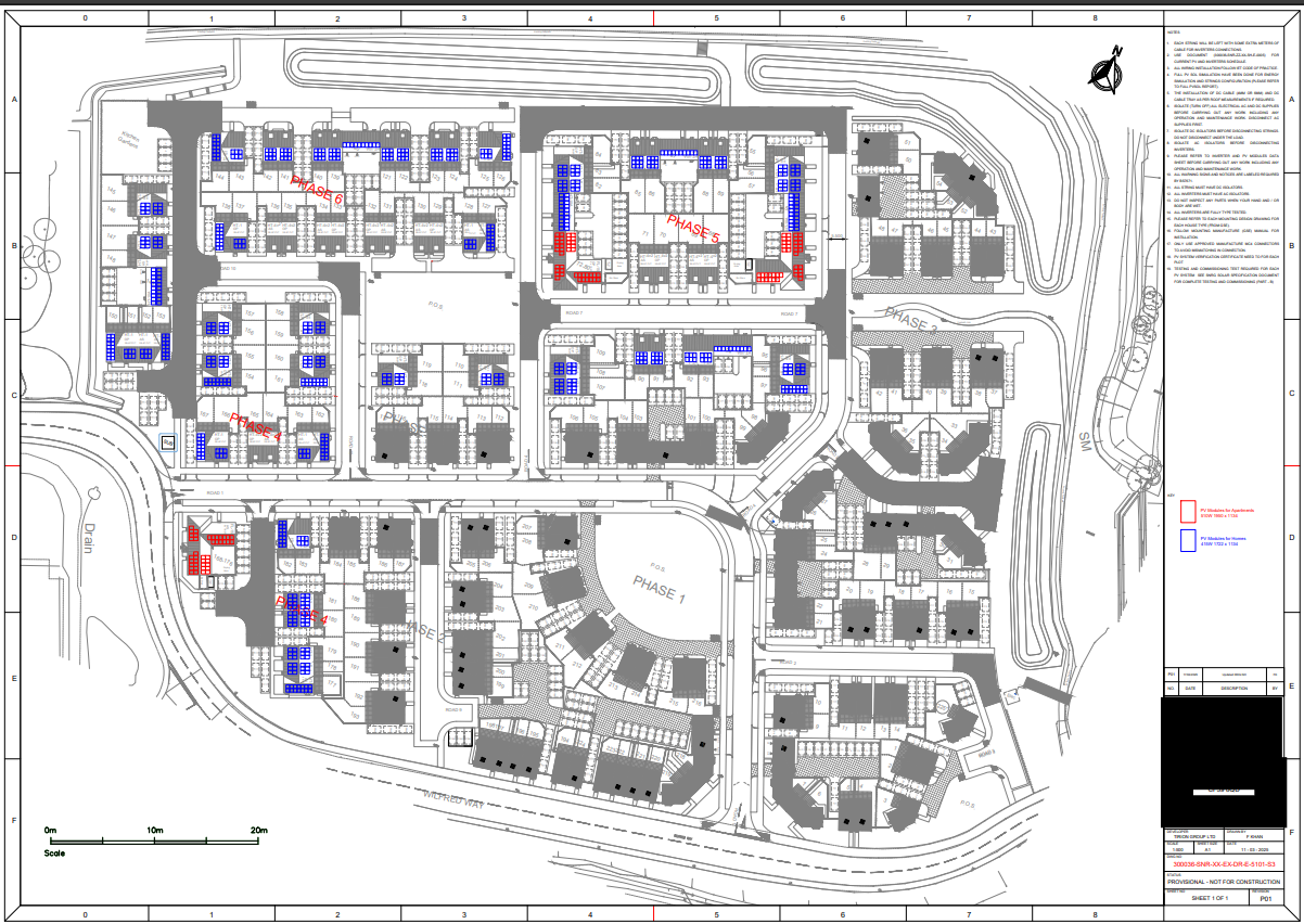 CAD mounting design drawing showing solar PV racking layout for permitted development planning submission across multi-residential estate roofs