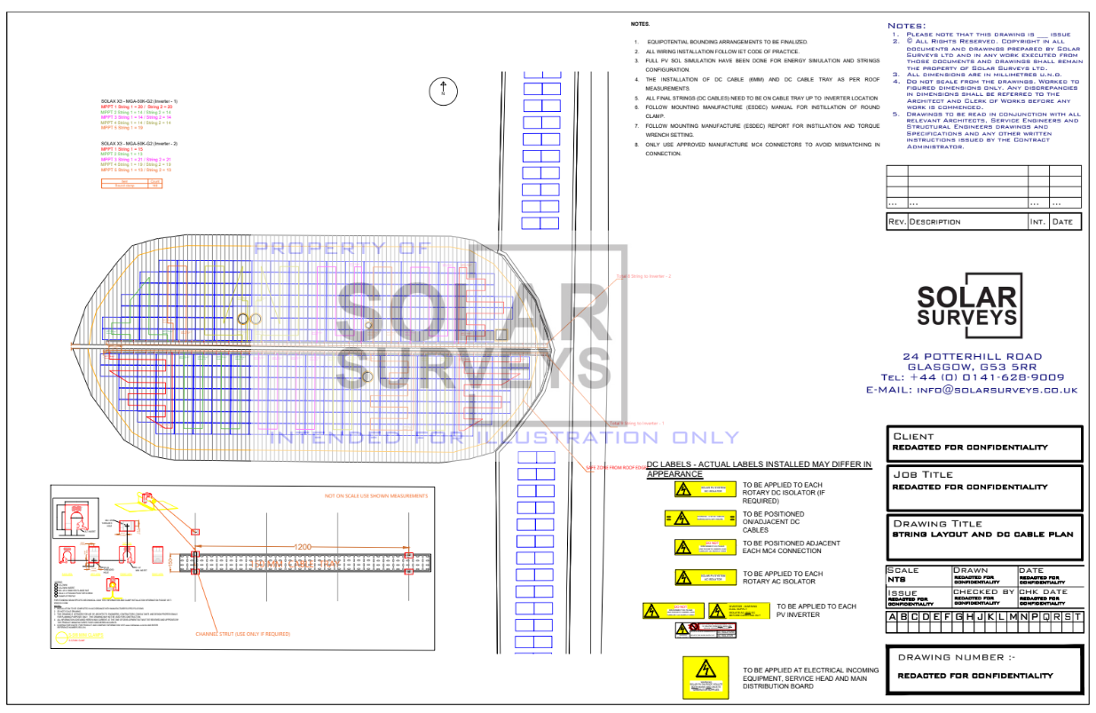 CAD drawing of solar PV string layout with module-by-module wiring plan for installer-ready G99 application package