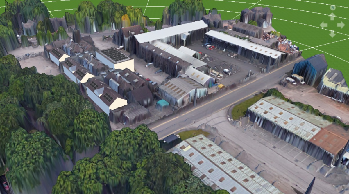 3D aerial rendering of UK industrial site environment for solar PV pre-design assessment