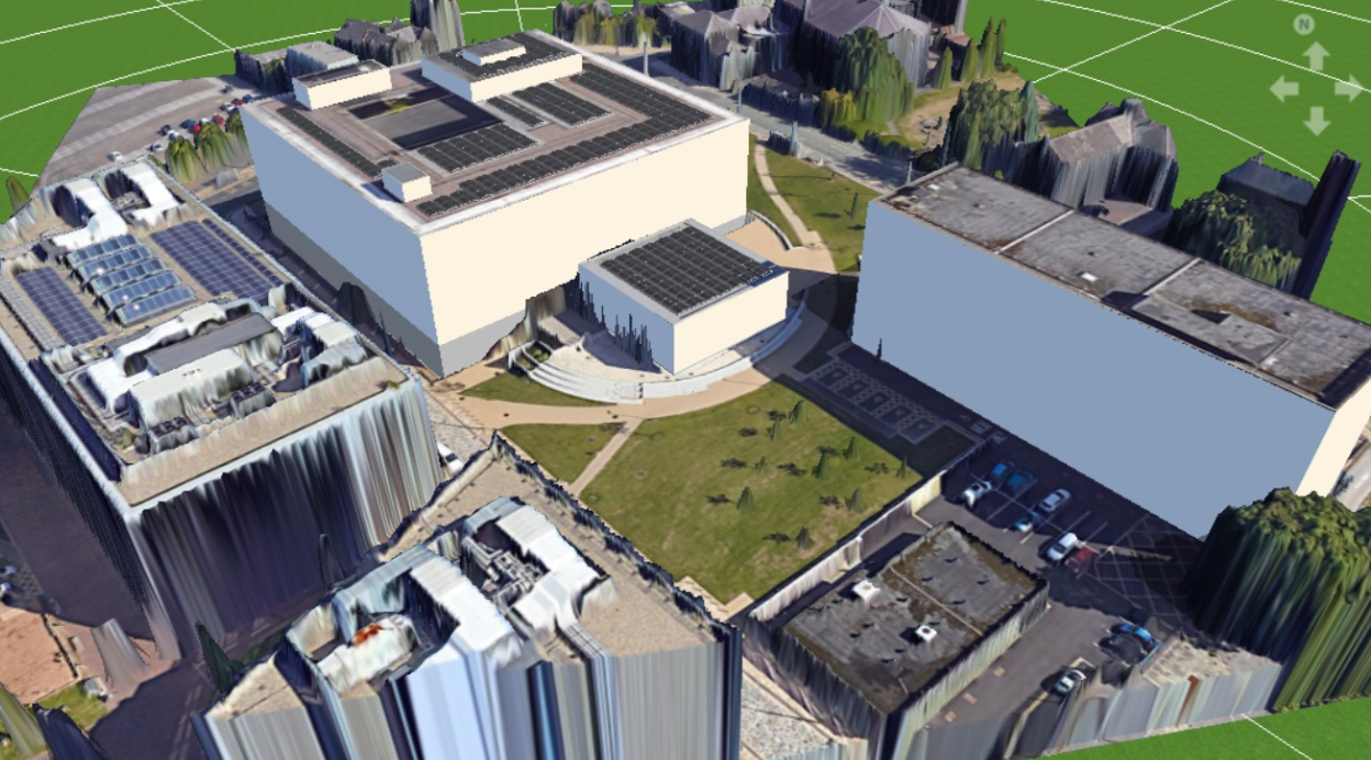 3D aerial rendering of UK commercial building with proposed solar PV array placed on roof for in-house solar design package