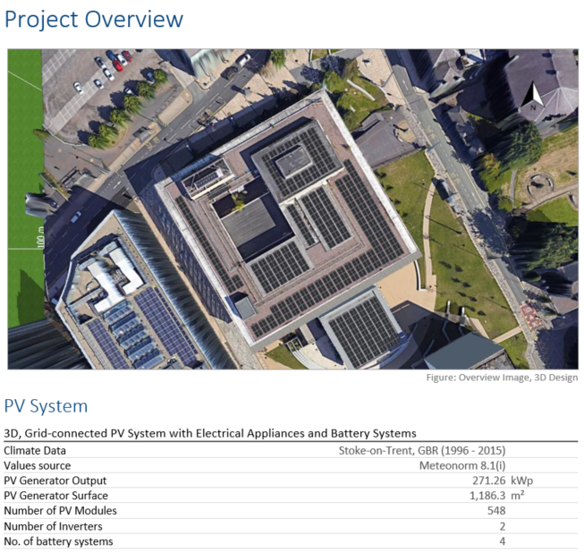 PVsol 3D project overview report cover with array layout aerial view and system specification panel for commercial solar PV design
