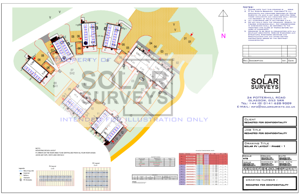 CAD site layout drawing showing multi-building solar PV array distribution with 1 metre edge setbacks for permitted development planning submission